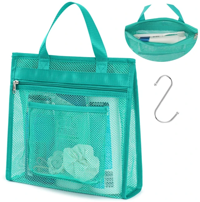 Main image of Zipper Gym Travel Shower Bag, Mint Green | 3 Pockets, Quick-Dry Mesh, S-Hook, Hanging Shower Caddy for Toiletry Essentials, Bathroom & Camping