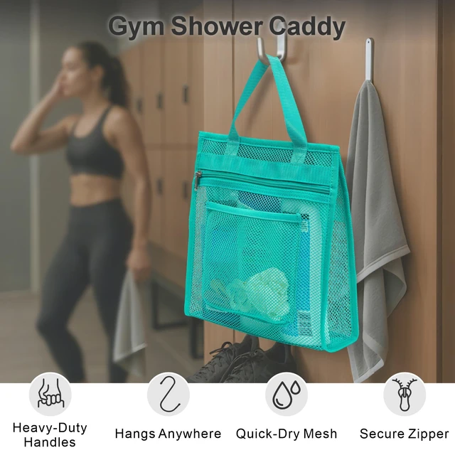 Alt view image 2 of 7 - Zipper Gym Travel Shower Bag, Mint Green | 3 Pockets, Quick-Dry Mesh, S-Hook, Hanging Shower Caddy for Toiletry Essentials, Bathroom & Camping