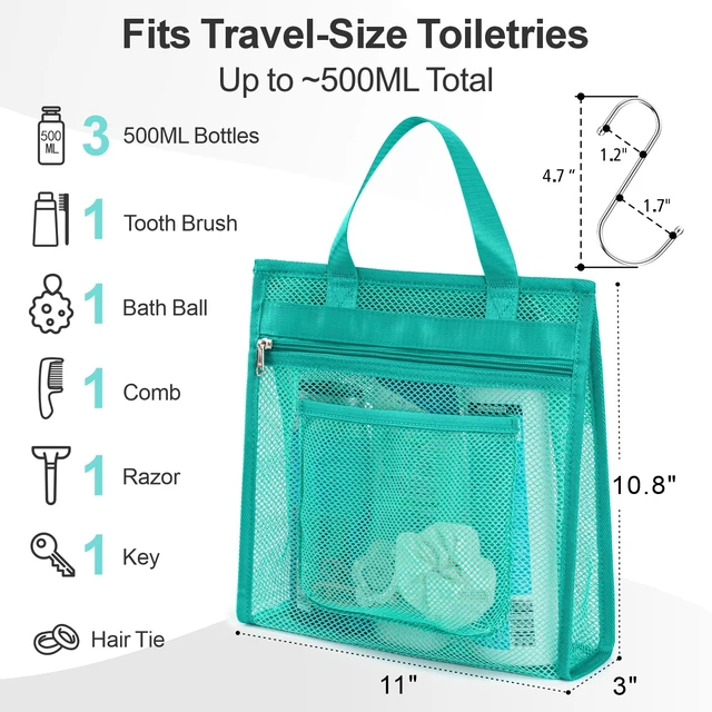 Alt view image 3 of 7 - Zipper Gym Travel Shower Bag, Mint Green | 3 Pockets, Quick-Dry Mesh, S-Hook, Hanging Shower Caddy for Toiletry Essentials, Bathroom & Camping