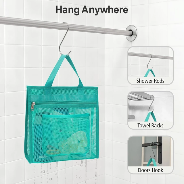 Alt view image 7 of 7 - Zipper Gym Travel Shower Bag, Mint Green | 3 Pockets, Quick-Dry Mesh, S-Hook, Hanging Shower Caddy for Toiletry Essentials, Bathroom & Camping