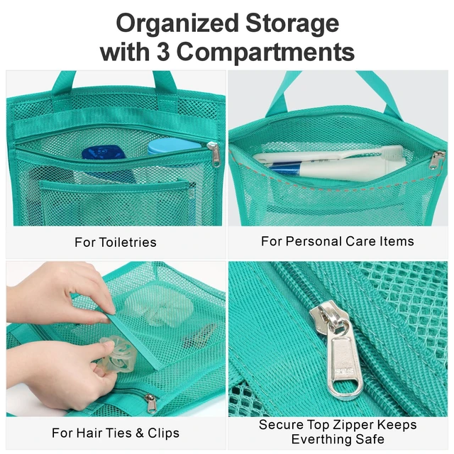 Alt view image 5 of 7 - Zipper Gym Travel Shower Bag, Mint Green | 3 Pockets, Quick-Dry Mesh, S-Hook, Hanging Shower Caddy for Toiletry Essentials, Bathroom & Camping