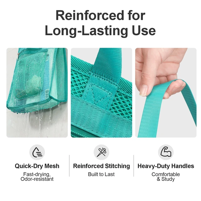 Alt view image 4 of 7 - Zipper Gym Travel Shower Bag, Mint Green | 3 Pockets, Quick-Dry Mesh, S-Hook, Hanging Shower Caddy for Toiletry Essentials, Bathroom & Camping