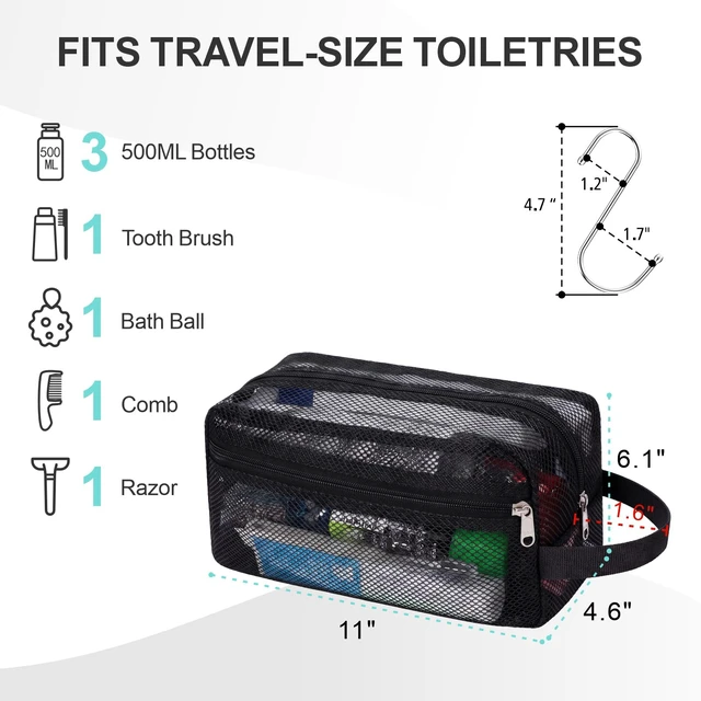 Alt view image 2 of 7 - Toiletry Shower Bag for travel Gym | 2 Pockets, Quick-Dry Mesh, S-Hook, Small Hanging Shower Caddy for Toiletry Essentials, Bathroom & Camping, Black