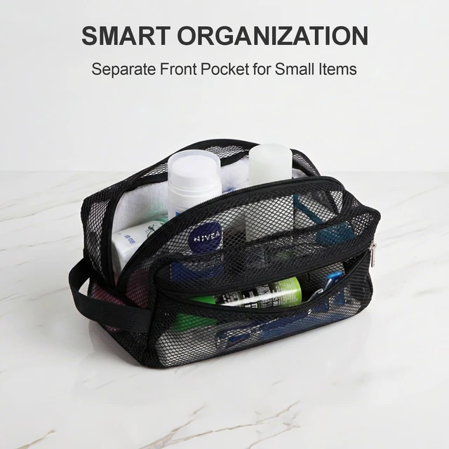 Alt view image 3 of 7 - Toiletry Shower Bag for travel Gym | 2 Pockets, Quick-Dry Mesh, S-Hook, Small Hanging Shower Caddy for Toiletry Essentials, Bathroom & Camping, Black