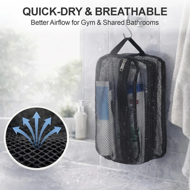 Alt view image 4 of 7 - Toiletry Shower Bag for travel Gym | 2 Pockets, Quick-Dry Mesh, S-Hook, Small Hanging Shower Caddy for Toiletry Essentials, Bathroom & Camping, Black