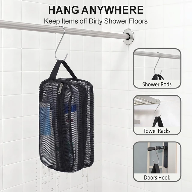 Alt view image 6 of 7 - Toiletry Shower Bag for travel Gym | 2 Pockets, Quick-Dry Mesh, S-Hook, Small Hanging Shower Caddy for Toiletry Essentials, Bathroom & Camping, Black