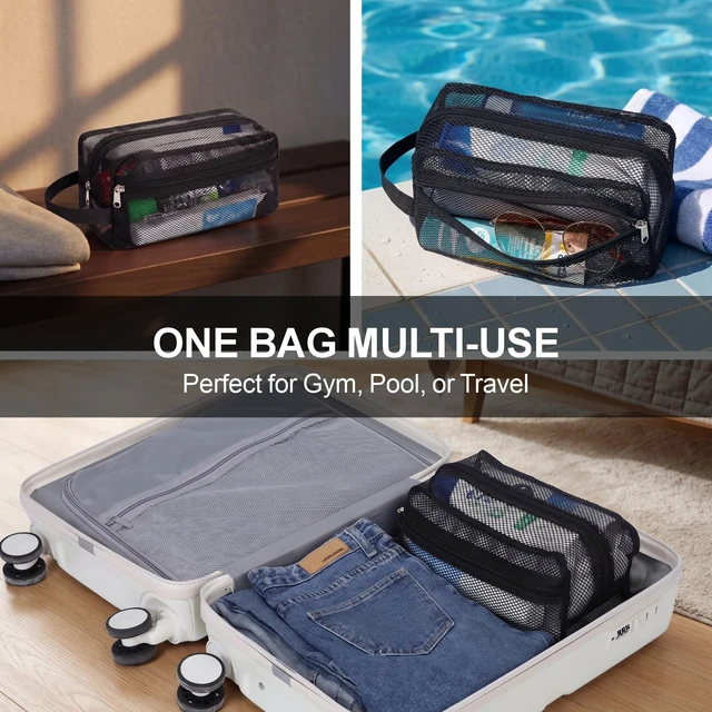 Alt view image 7 of 7 - Toiletry Shower Bag for travel Gym | 2 Pockets, Quick-Dry Mesh, S-Hook, Small Hanging Shower Caddy for Toiletry Essentials, Bathroom & Camping, Black