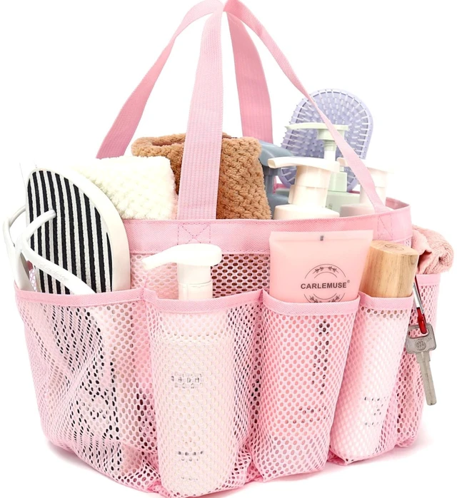 Main image of Mesh Shower Caddy Portable for College Dorm, Quick Dry Hanging Shower Bag with 8 Pockets, Bathroom Tote Organizer for Gym, Travel, Camping, Pink