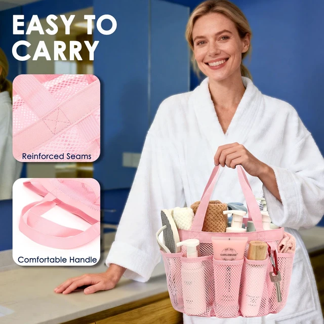 Alt view image 5 of 7 - Mesh Shower Caddy Portable for College Dorm, Quick Dry Hanging Shower Bag with 8 Pockets, Bathroom Tote Organizer for Gym, Travel, Camping, Pink