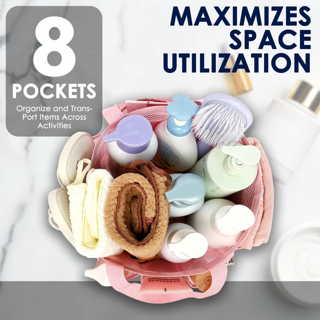 Alt view image 3 of 7 - Mesh Shower Caddy Portable for College Dorm, Quick Dry Hanging Shower Bag with 8 Pockets, Bathroom Tote Organizer for Gym, Travel, Camping, Pink