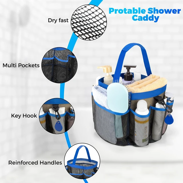 Alt view image 2 of 7 - Mesh Shower Caddy Portable for College Dorm Room Essentials with 8-Pocket Large Capacity,Quick Dry Shower Bag for Bathroom, Beach,Gym