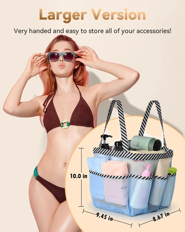 Alt view image 2 of 7 - 8-Pocket Shower Tote Bag, Bathroom Organizer with Quick-Dry and Dual Handles for Dorm, Gym, Travel, Camping