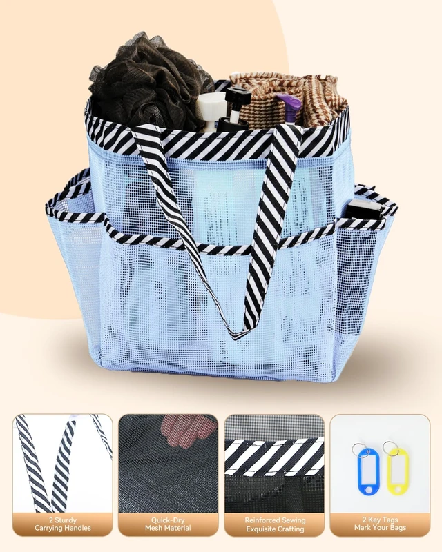 Alt view image 4 of 7 - 8-Pocket Shower Tote Bag, Bathroom Organizer with Quick-Dry and Dual Handles for Dorm, Gym, Travel, Camping