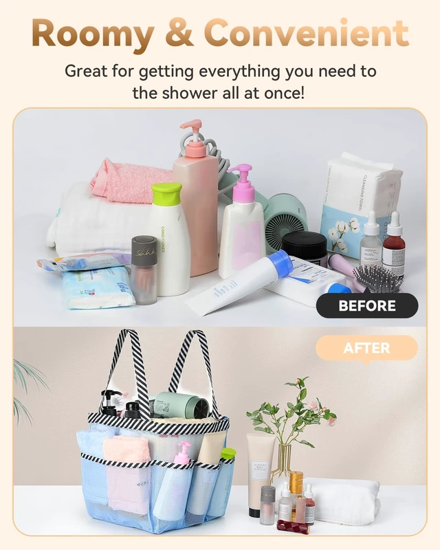 Alt view image 5 of 7 - 8-Pocket Shower Tote Bag, Bathroom Organizer with Quick-Dry and Dual Handles for Dorm, Gym, Travel, Camping