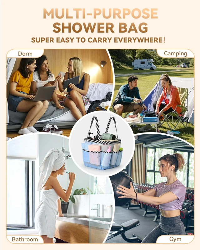 Alt view image 6 of 7 - 8-Pocket Shower Tote Bag, Bathroom Organizer with Quick-Dry and Dual Handles for Dorm, Gym, Travel, Camping