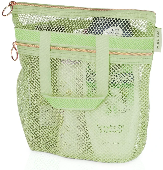 Main image of Lifestyle Mesh Shower Bag 10.2x9.9'' Quick-Dry Caddy with Zipper & 2 Pockets. Portable Toiletry Tote for Bathroom, Gym, Travel, Camp, Beach, for Sunscreen, Dorm & College Essentials (Light Green)