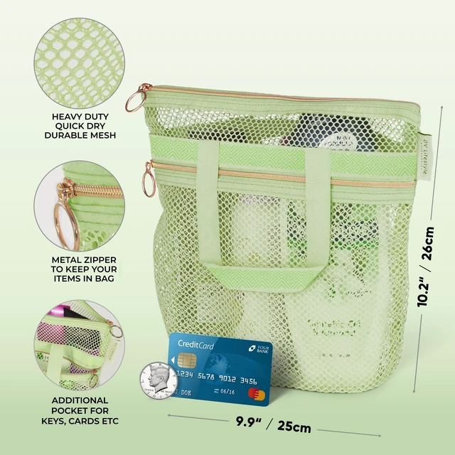 Alt view image 4 of 6 - Lifestyle Mesh Shower Bag 10.2x9.9'' Quick-Dry Caddy with Zipper & 2 Pockets. Portable Toiletry Tote for Bathroom, Gym, Travel, Camp, Beach, for Sunscreen, Dorm & College Essentials (Light Green)