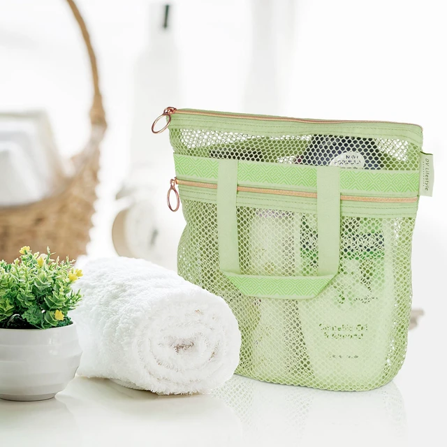 Alt view image 6 of 6 - Lifestyle Mesh Shower Bag 10.2x9.9'' Quick-Dry Caddy with Zipper & 2 Pockets. Portable Toiletry Tote for Bathroom, Gym, Travel, Camp, Beach, for Sunscreen, Dorm & College Essentials (Light Green)