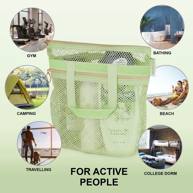Alt view image 2 of 6 - Lifestyle Mesh Shower Bag 10.2x9.9'' Quick-Dry Caddy with Zipper & 2 Pockets. Portable Toiletry Tote for Bathroom, Gym, Travel, Camp, Beach, for Sunscreen, Dorm & College Essentials (Light Green)