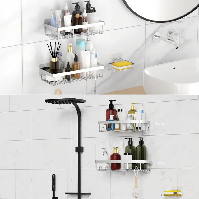 Alt view image 5 of 7 - 3-Pack Shower Caddy Basket Shelf with Soap Holder, No Drilling Traceless Adhesive Shower Wall Shelves, Rustproof Black Bathroom Shower Storage Organizer