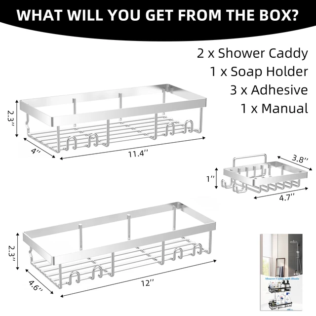 Alt view image 7 of 7 - 3-Pack Shower Caddy Basket Shelf with Soap Holder, No Drilling Traceless Adhesive Shower Wall Shelves, Rustproof Black Bathroom Shower Storage Organizer