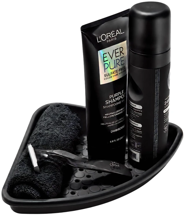Main image of Carbon | suction cup base, drainage holes, raised edges, shampoo soap razors, bath accessories, woman owned