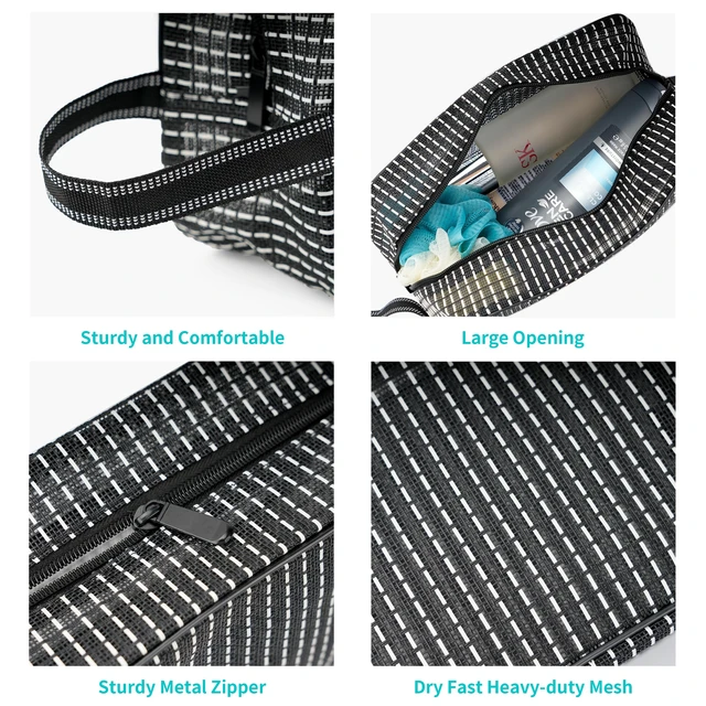 Alt view image 2 of 5 - Mesh Shower Caddy Bag for Bathroom Gym Camping Portable Travel Mesh Toiletry Bag for Women Men (Black with White Stripes)