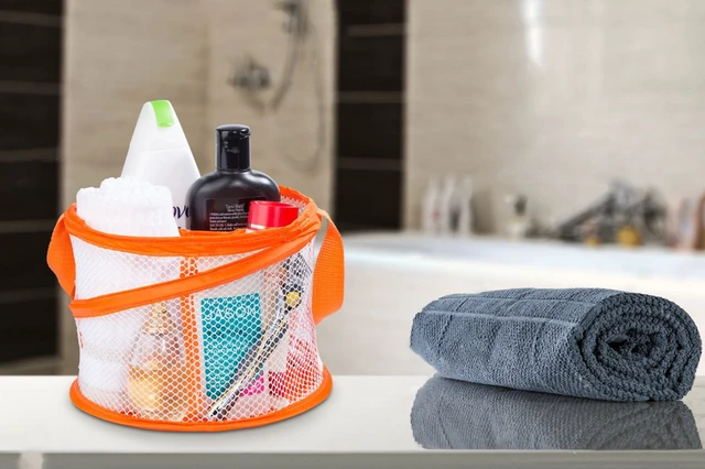 Alt view image 6 of 6 - Collapsible Mesh Organizer with Handle, Quick Dry, Large Compartments for Dorm, College, Gym, Travel, Camp, Bathroom Essentials (Orange)