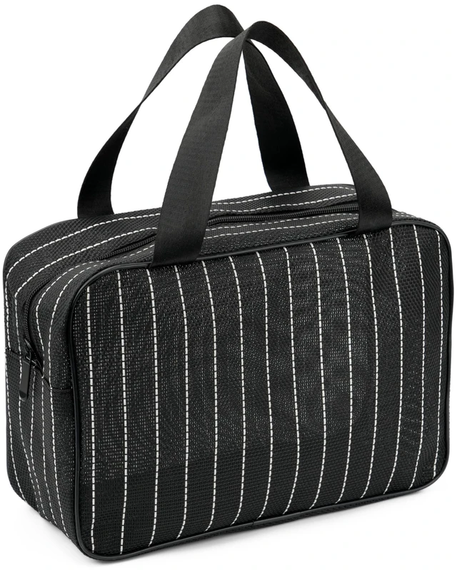 Main image of Mesh Shower Caddy Bag for Bathroom Gym Camping Portable Travel Mesh Toiletry Bag for Women Men (Large Black with White Stripes)