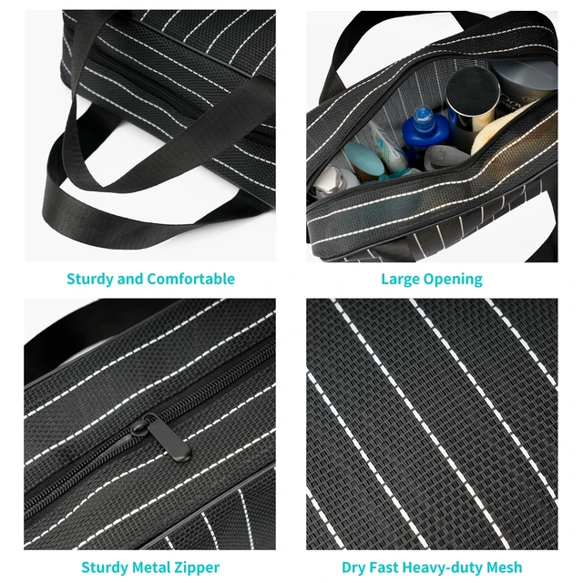 Alt view image 2 of 7 - Mesh Shower Caddy Bag for Bathroom Gym Camping Portable Travel Mesh Toiletry Bag for Women Men (Large Black with White Stripes)