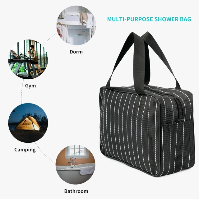 Alt view image 4 of 7 - Mesh Shower Caddy Bag for Bathroom Gym Camping Portable Travel Mesh Toiletry Bag for Women Men (Large Black with White Stripes)