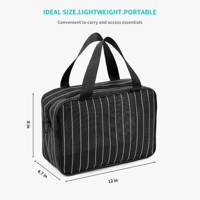 Alt view image 5 of 7 - Mesh Shower Caddy Bag for Bathroom Gym Camping Portable Travel Mesh Toiletry Bag for Women Men (Large Black with White Stripes)