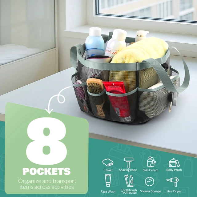 Alt view image 3 of 7 - Mesh Shower Caddy Portable for College Dorm Room Essentials with 8 Pockets,Shower Bag for Beach,Swimming,Gym,Travel,Bathroom(Grey)