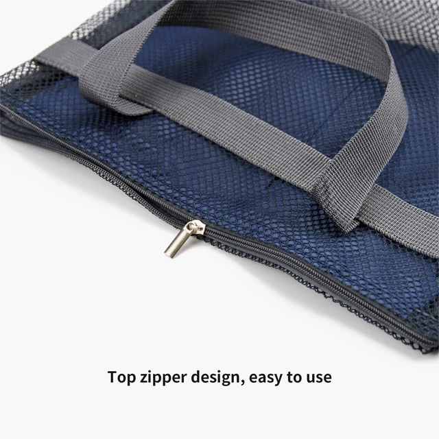 Alt view image 3 of 7 - Mesh Shower Caddy Bag Portable Hanging Toiletry and Bath Organizer with Zipper for Travel, Swimming, Gym, Camping, College Dorms, Beach (Navy Blue)