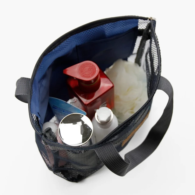 Alt view image 2 of 7 - Mesh Shower Caddy Bag Portable Hanging Toiletry and Bath Organizer with Zipper for Travel, Swimming, Gym, Camping, College Dorms, Beach (Navy Blue)