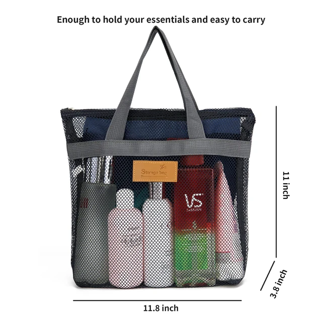Alt view image 5 of 7 - Mesh Shower Caddy Bag Portable Hanging Toiletry and Bath Organizer with Zipper for Travel, Swimming, Gym, Camping, College Dorms, Beach (Navy Blue)