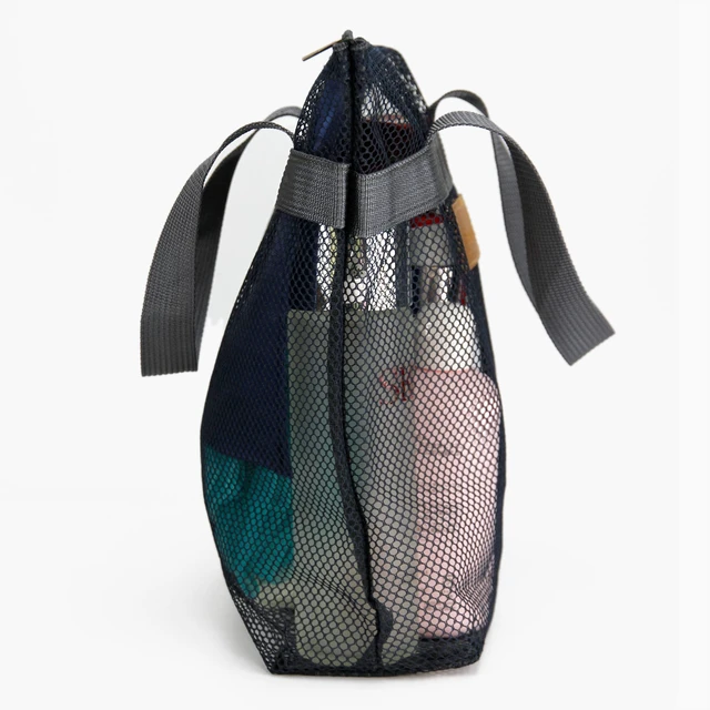 Alt view image 7 of 7 - Mesh Shower Caddy Bag Portable Hanging Toiletry and Bath Organizer with Zipper for Travel, Swimming, Gym, Camping, College Dorms, Beach (Navy Blue)