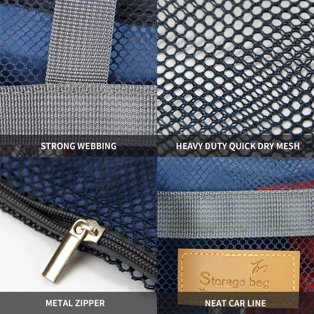 Alt view image 6 of 7 - Mesh Shower Caddy Bag Portable Hanging Toiletry and Bath Organizer with Zipper for Travel, Swimming, Gym, Camping, College Dorms, Beach (Navy Blue)