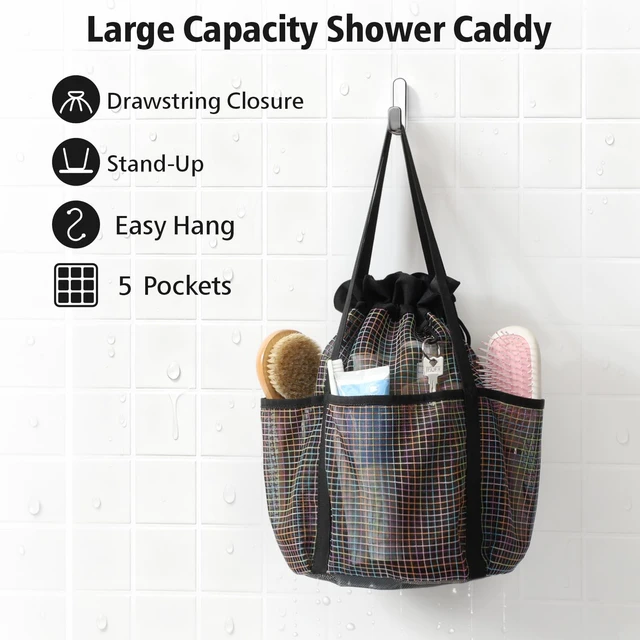 Alt view image 2 of 7 - 2-Handle Shower Bag for Dorm | Tall 5 Pockets, S-Hook, Quick-Dry Mesh, College Dorm Room Essentials for Girls, Camping, Gym, Travel & Bathroom, Black Grid