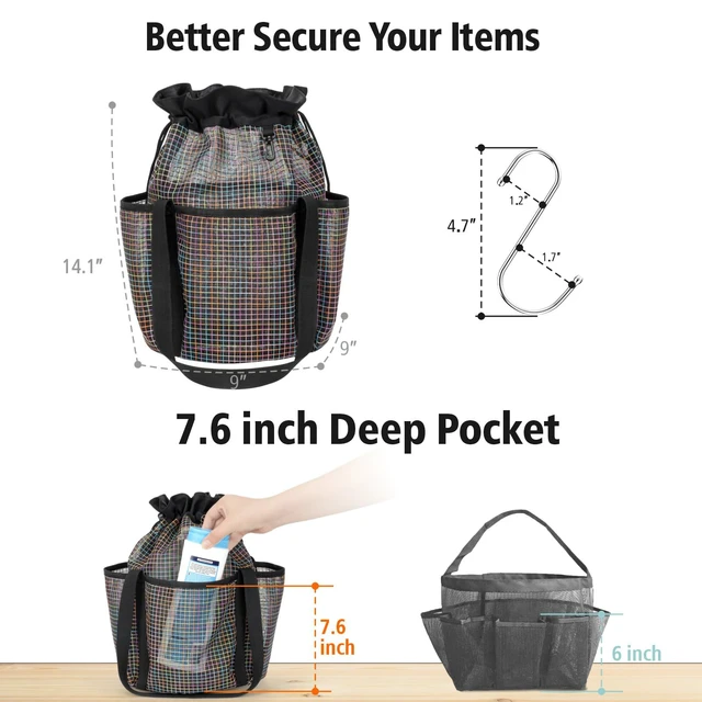 Alt view image 4 of 7 - 2-Handle Shower Bag for Dorm | Tall 5 Pockets, S-Hook, Quick-Dry Mesh, College Dorm Room Essentials for Girls, Camping, Gym, Travel & Bathroom, Black Grid