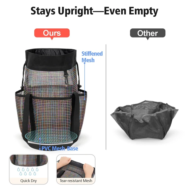 Alt view image 5 of 7 - 2-Handle Shower Bag for Dorm | Tall 5 Pockets, S-Hook, Quick-Dry Mesh, College Dorm Room Essentials for Girls, Camping, Gym, Travel & Bathroom, Black Grid