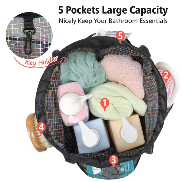 Alt view image 6 of 7 - 2-Handle Shower Bag for Dorm | Tall 5 Pockets, S-Hook, Quick-Dry Mesh, College Dorm Room Essentials for Girls, Camping, Gym, Travel & Bathroom, Black Grid