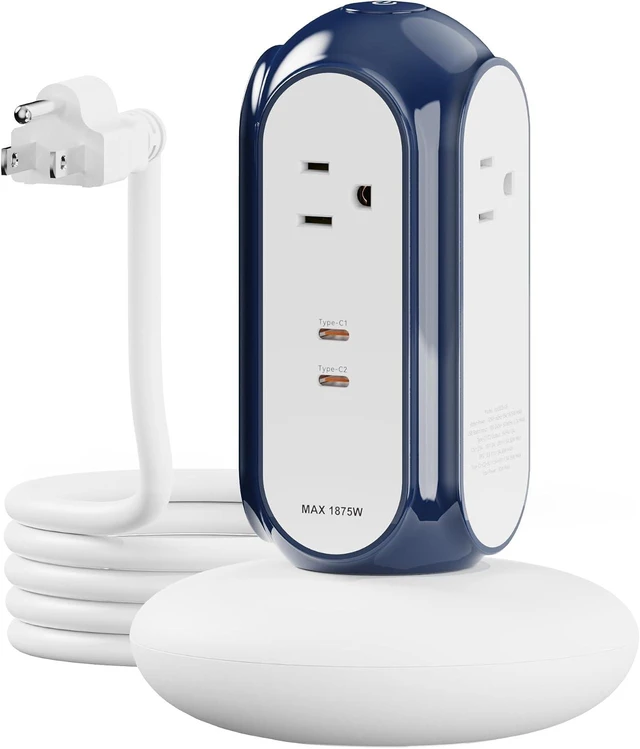 Main image of MiaoLab Roly-Poly 7-in-1 100W USB Charging Power Strip Tower, 3 AC Outlets, 3 USB-C, 1 USB-A, 15A/1875W, 6.6 ft Cord, Granite Gray