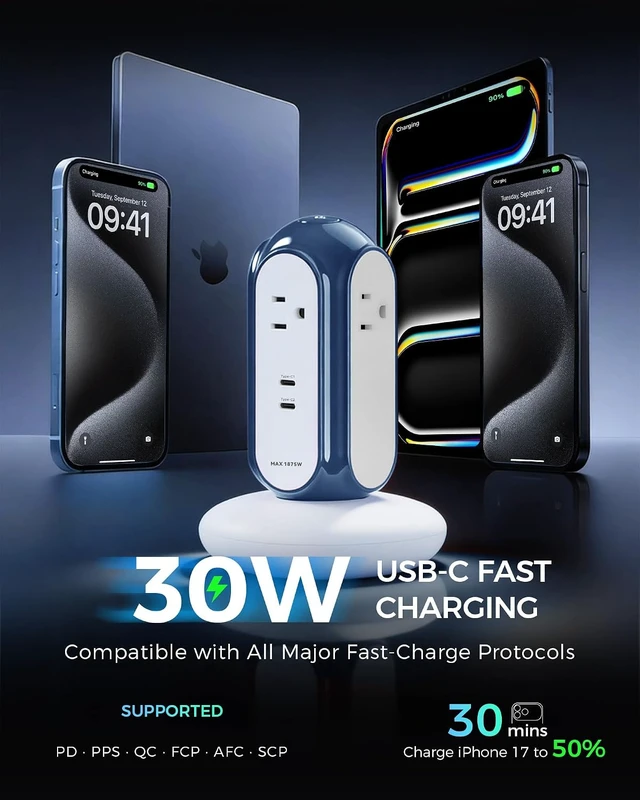 Alt view image 2 of 7 - MiaoLab Roly-Poly 7-in-1 100W USB Charging Power Strip Tower, 3 AC Outlets, 3 USB-C, 1 USB-A, 15A/1875W, 6.6 ft Cord, Granite Gray