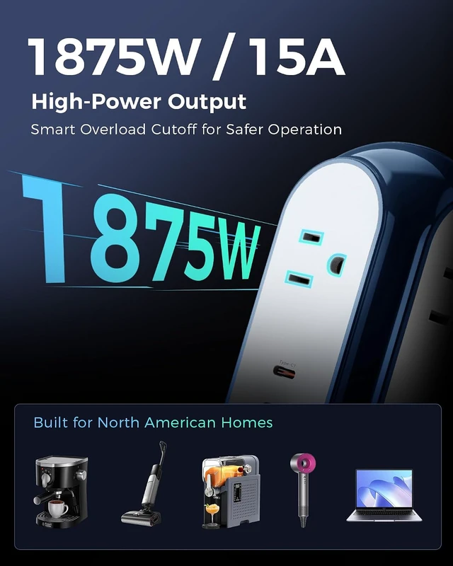 Alt view image 4 of 7 - MiaoLab Roly-Poly 7-in-1 100W USB Charging Power Strip Tower, 3 AC Outlets, 3 USB-C, 1 USB-A, 15A/1875W, 6.6 ft Cord, Granite Gray