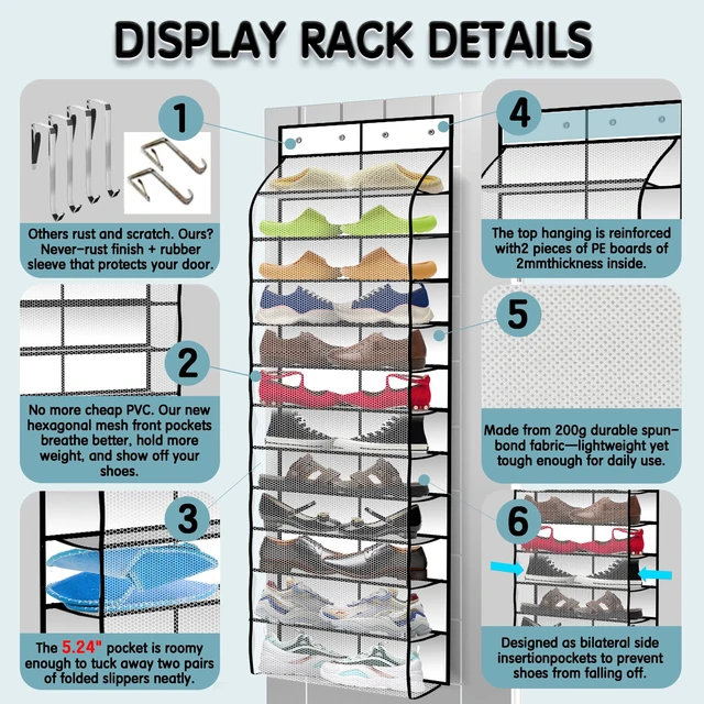 Alt view image 3 of 7 - Over The Door Shoe Organizer with 12 Large Breathable Pockets - Durable Hanging Storage for the Entire Family's Shoes (White)