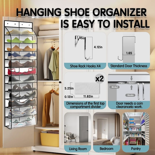 Alt view image 4 of 7 - Over The Door Shoe Organizer with 12 Large Breathable Pockets - Durable Hanging Storage for the Entire Family's Shoes (White)