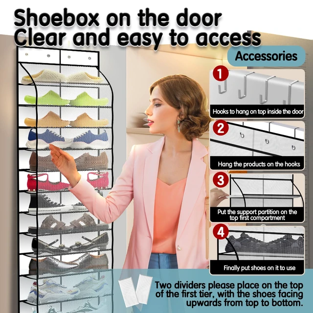 Alt view image 5 of 7 - Over The Door Shoe Organizer with 12 Large Breathable Pockets - Durable Hanging Storage for the Entire Family's Shoes (White)