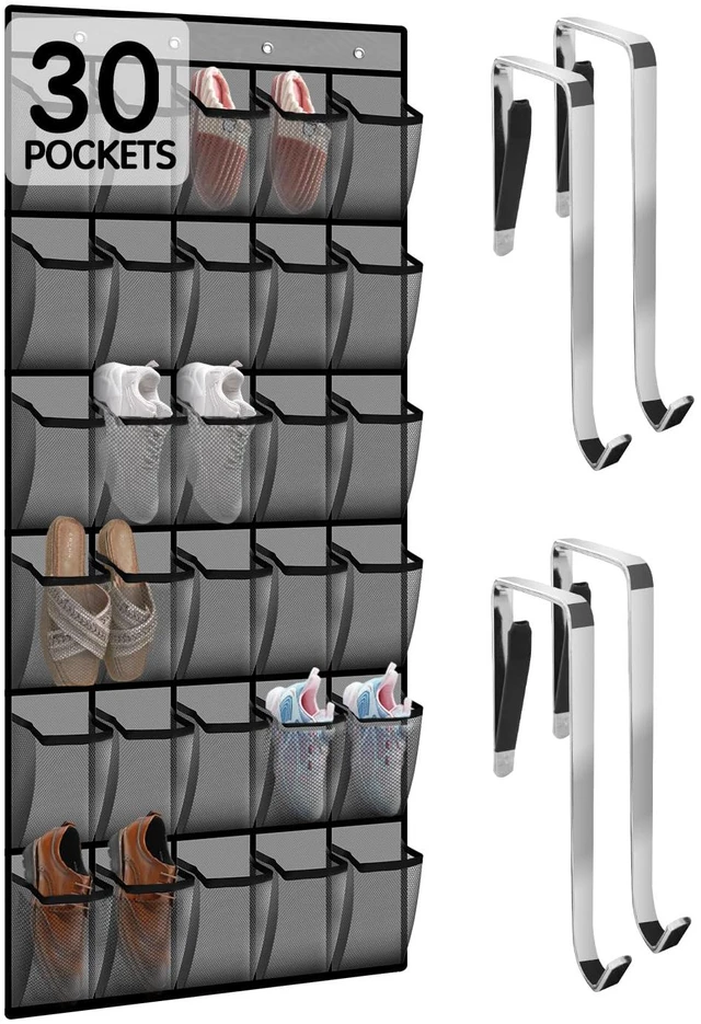 Main image of Over the Door Shoe Organizer with 30 Breathable Mesh Pockets - Large Capacity Closet Storage for Men & Women, Hanging Shoe Rack Organizer (Gray)