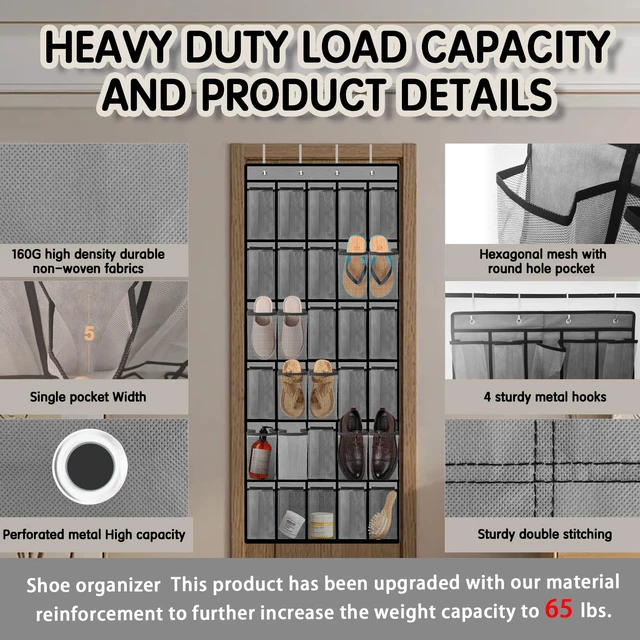 Alt view image 2 of 7 - Over the Door Shoe Organizer with 30 Breathable Mesh Pockets - Large Capacity Closet Storage for Men & Women, Hanging Shoe Rack Organizer (Gray)